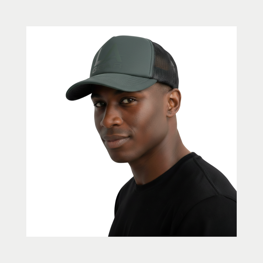 Sage LA Gear foam trucker hat worn side profile, mesh back and curved brim