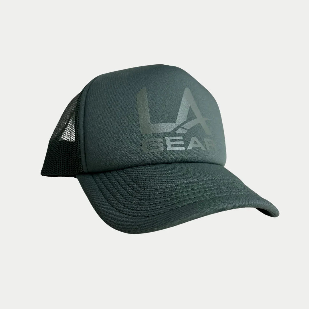 Sage LA Gear foam trucker hat with curved brim and embroidered LA Gear logo