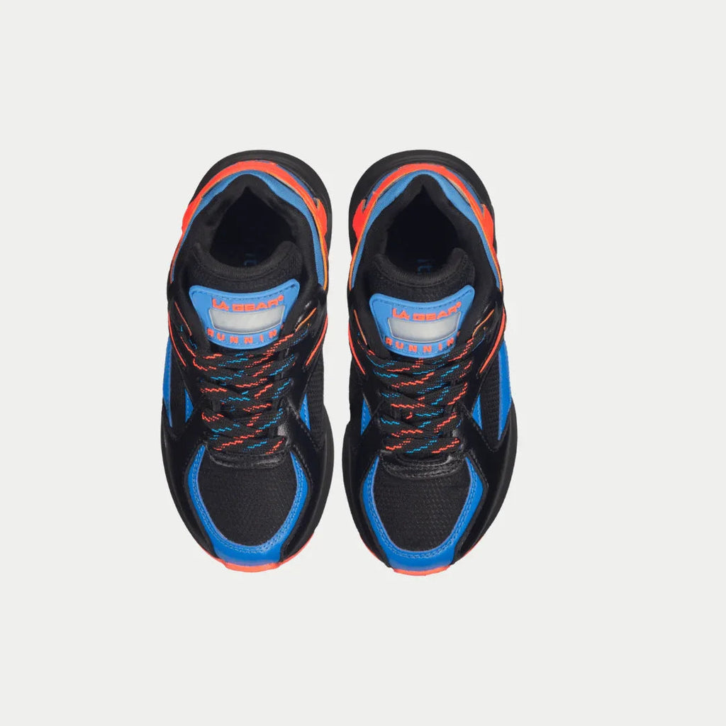 Kids' black lace-up sneakers with blue panels and orange heel trim, rear view.
