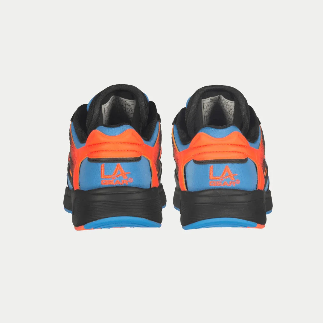 Kids' black and blue sneakers with orange heel and LA-style logo on back.