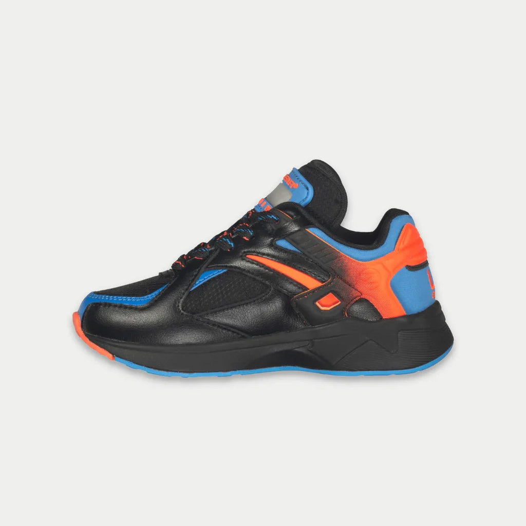 Kids' black lowtop sneaker with blue stripe and orange side panel, lace-up.