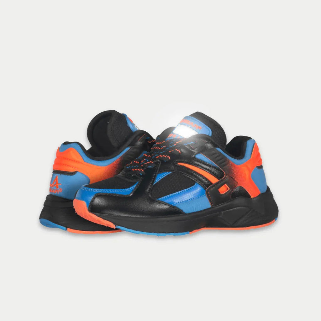 Kids' black lowtop sneakers with blue toe panels and orange heel accents, lace-up.