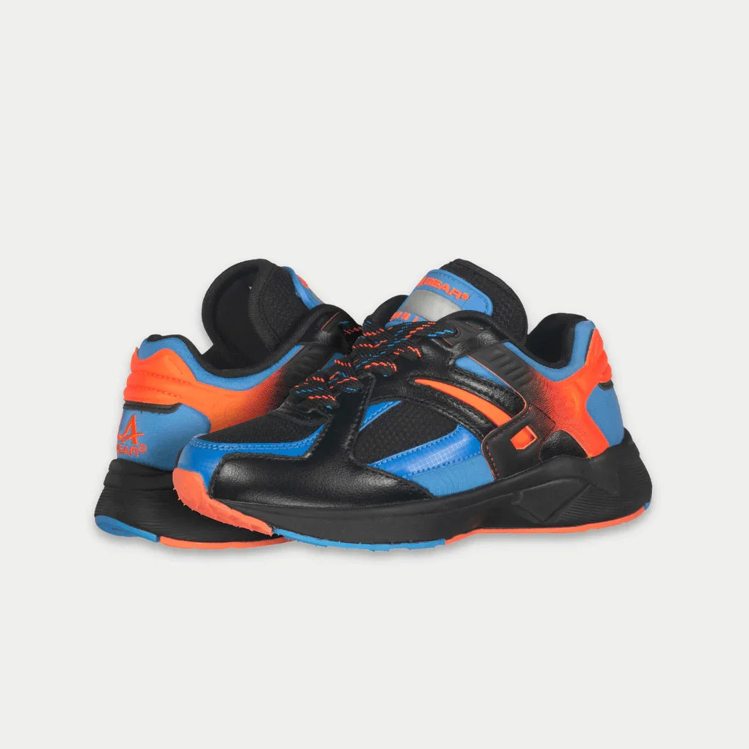 Kids' black lowtop sneakers with blue panels and orange heel/side accents, lace-up.