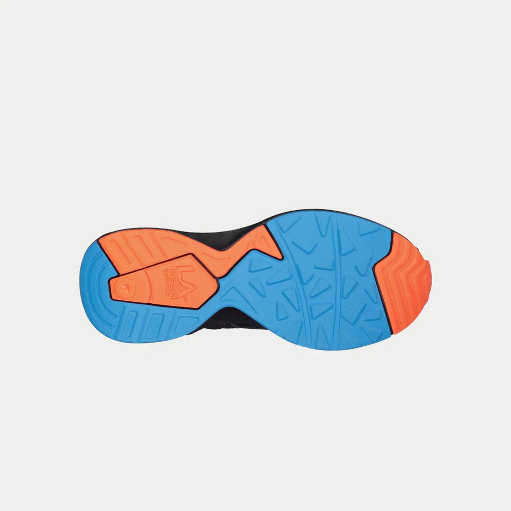 Kids' sneaker outsole with blue tread and orange edges on black midsole.