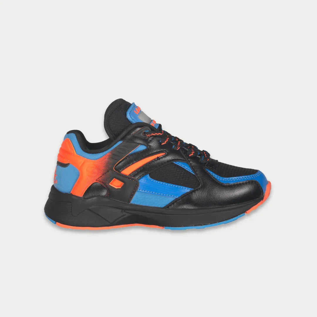 Kids' black and blue lowtop sneakers with orange and blue accents, lace-up.