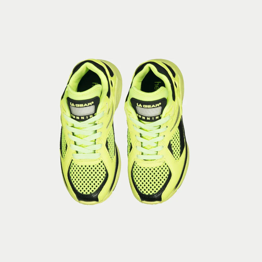 Kids neon yellow and black low-top light-up sneakers, top view with laces