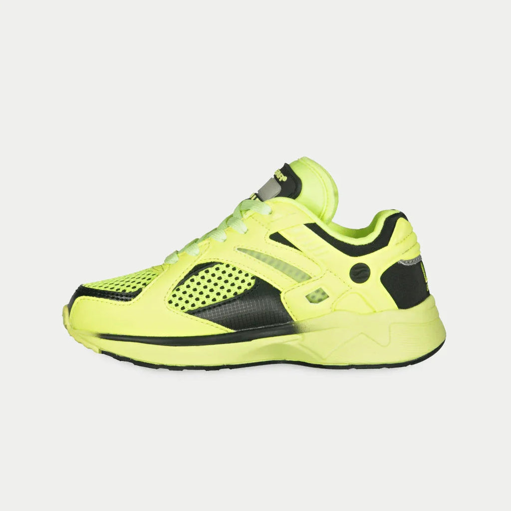 Kids neon yellow and black low-top light-up sneakers, side view with lace-up
