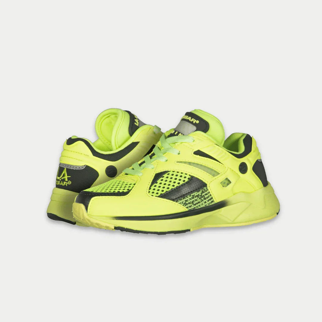 Kids neon yellow and black low-top light-up sneakers with perforated side panels