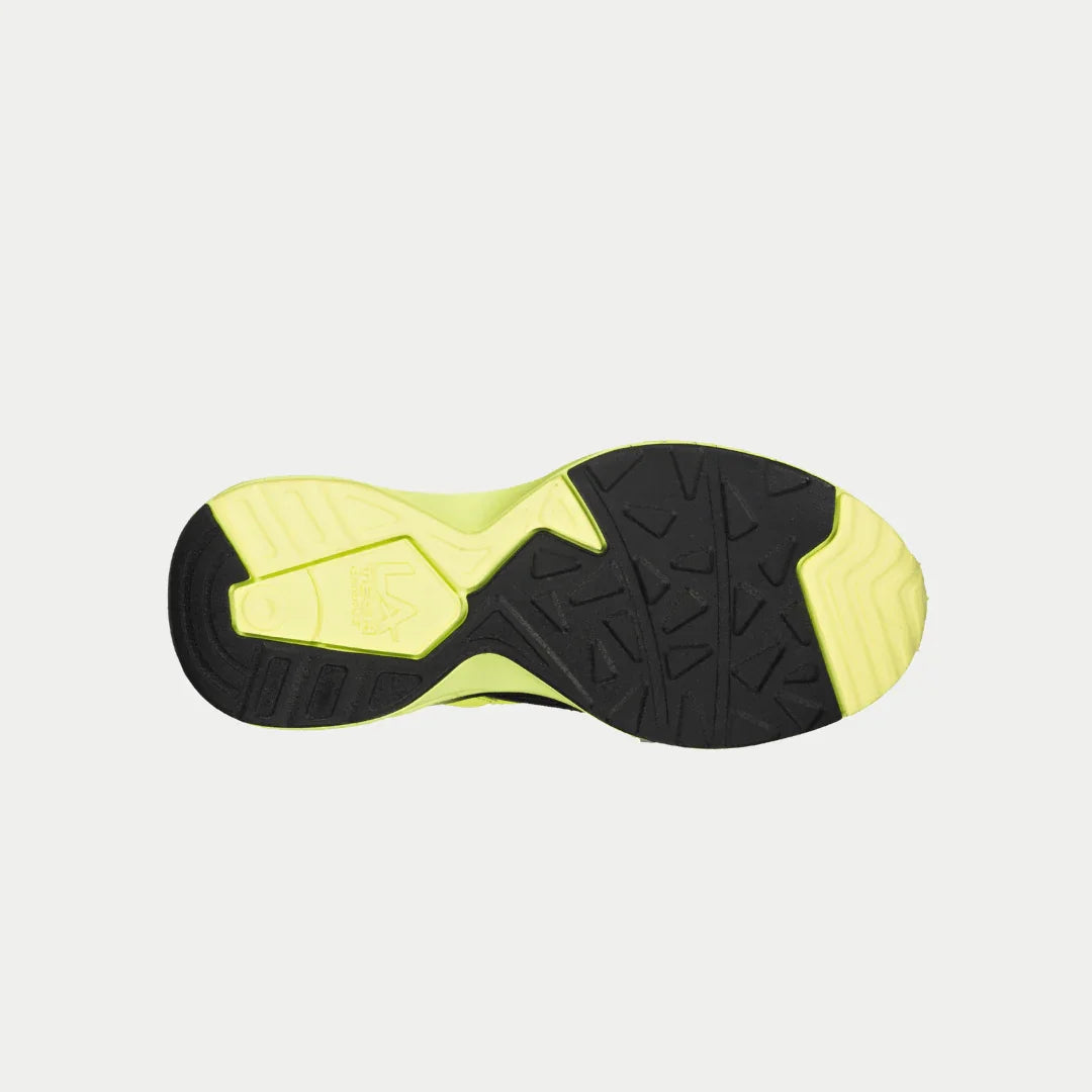 Kids neon yellow and black light-up sneaker outsole, textured tread underside