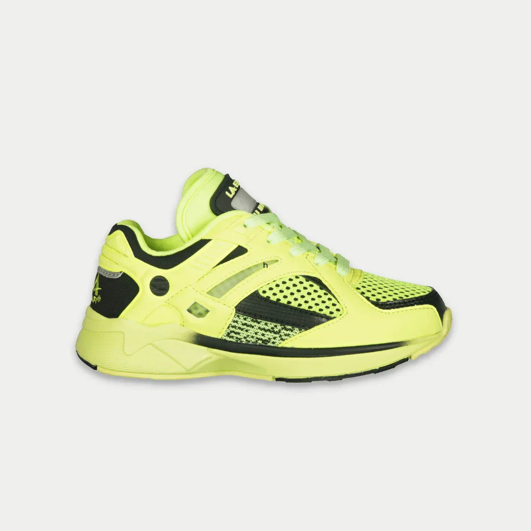Kids neon yellow and black low-top light-up sneakers, mesh panels and lace-up