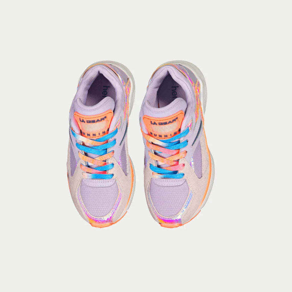 Pair of kids LA Gear lowtop sneakers showing the light purple upper and blue-orange laces