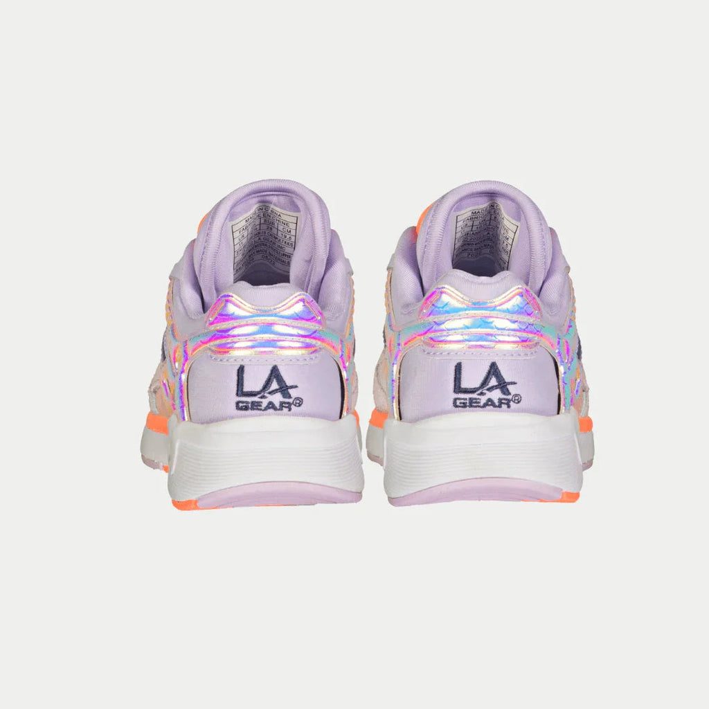 Kids LA Gear lowtop sneakers, rear view with LA Gear heel branding and orange sole accents