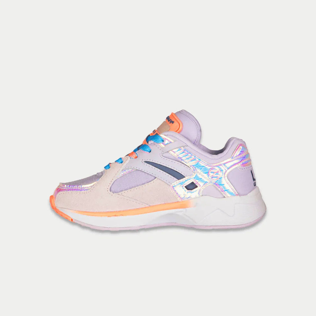 Kids LA Gear lowtop sneakers, light purple with blue laces, holographic detail, orange trim