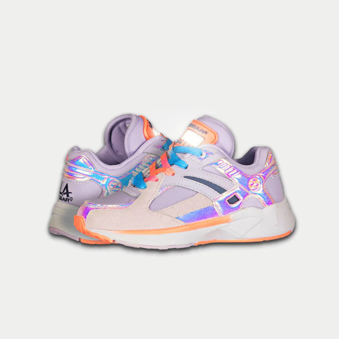 Kids LA Gear light-up lowtop sneakers, angled side view in light purple with holographic trim