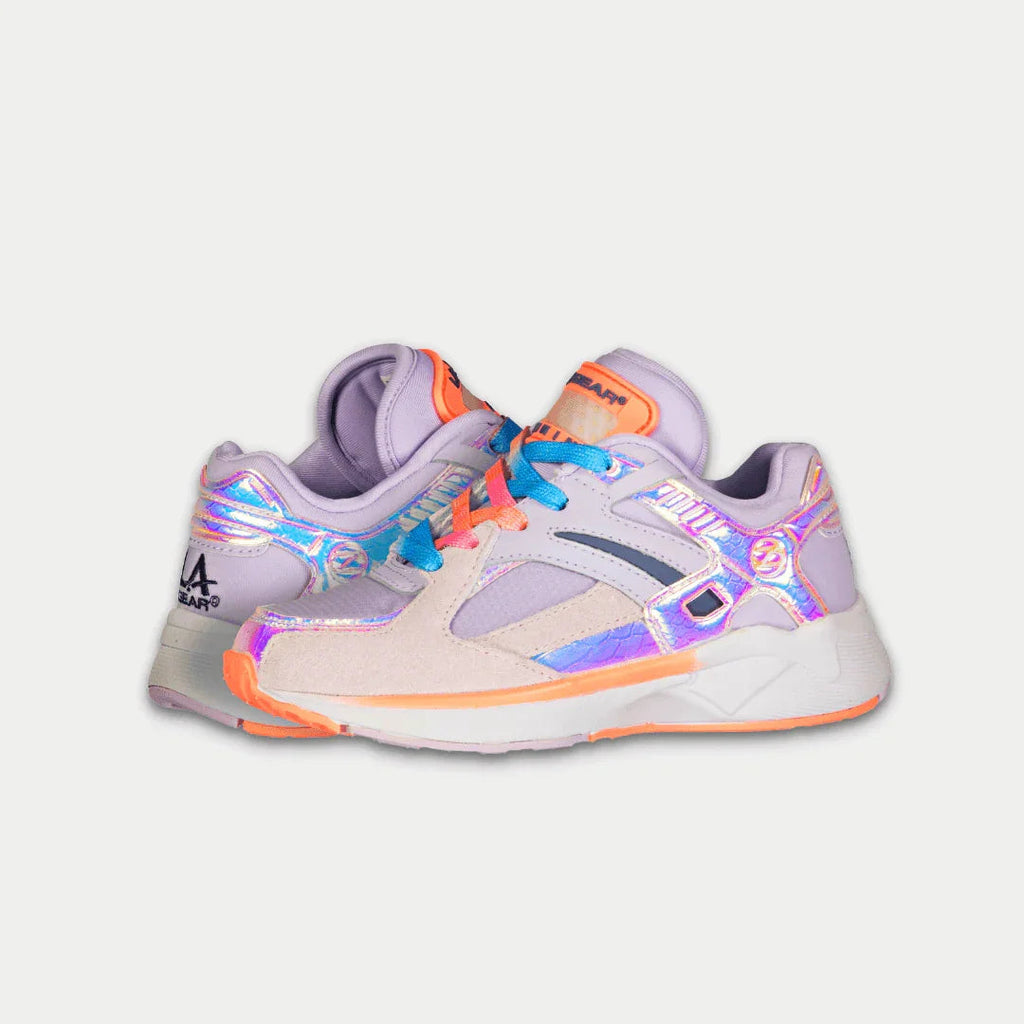 Kids LA Gear light-up lowtop sneakers, light purple with holographic overlays and orange accents