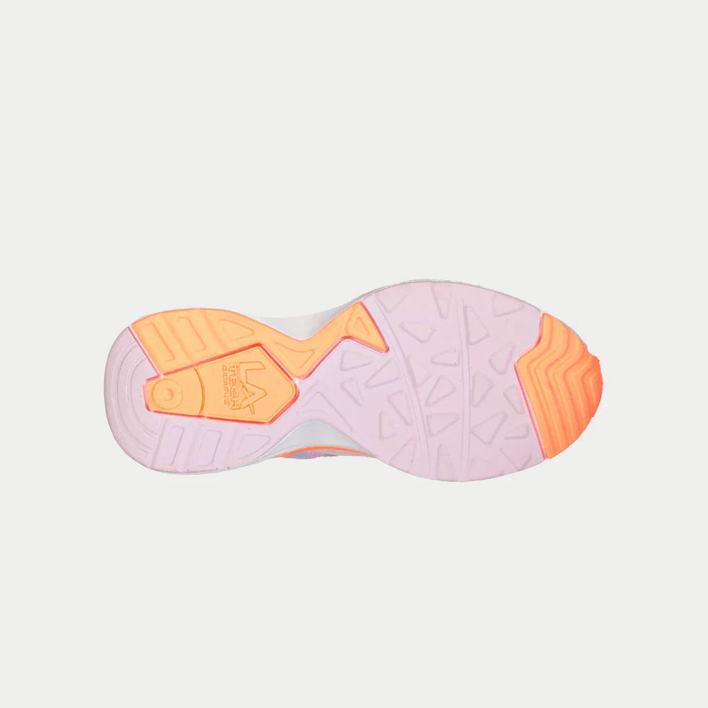 Kids LA Gear lowtop sneaker outsole in light purple with orange traction pattern