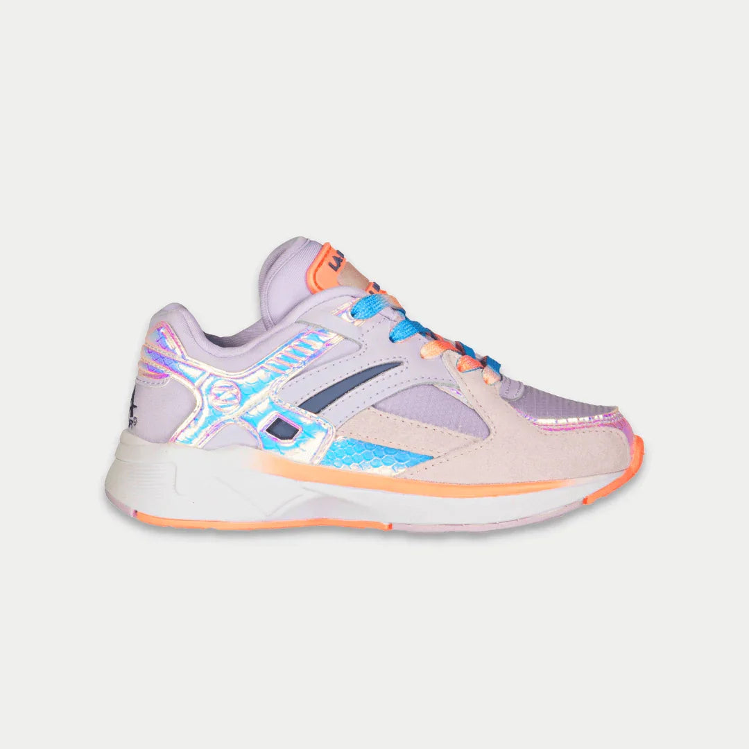 Kids LA Gear lowtop sneakers in light purple with holographic panels and orange trim
