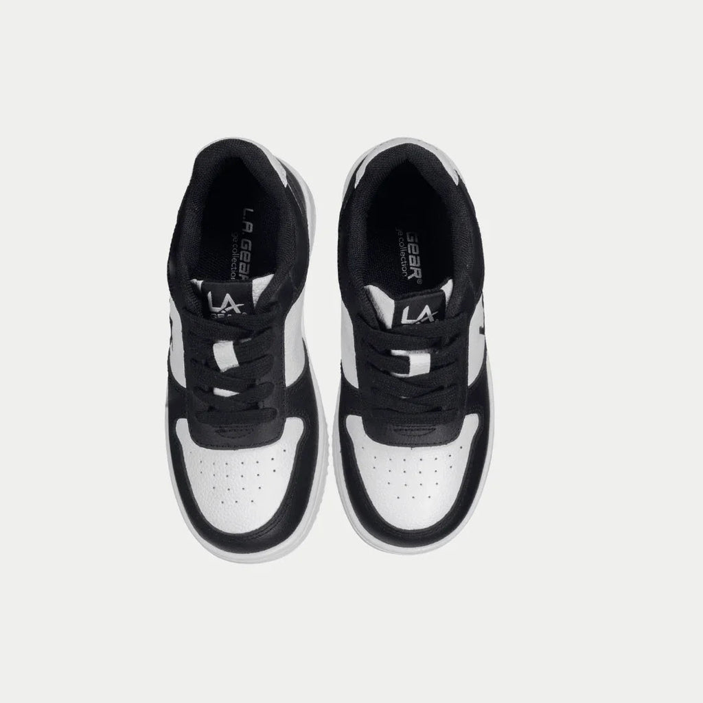 Kids' black and white low-top sneakers, top view with black laces and white sole