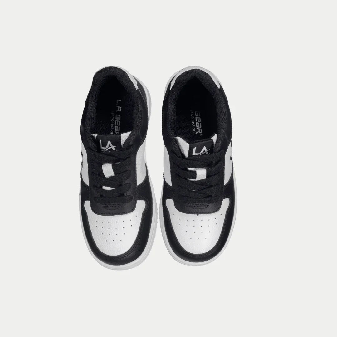Kids' black and white low-top sneakers, top view with black laces and white sole