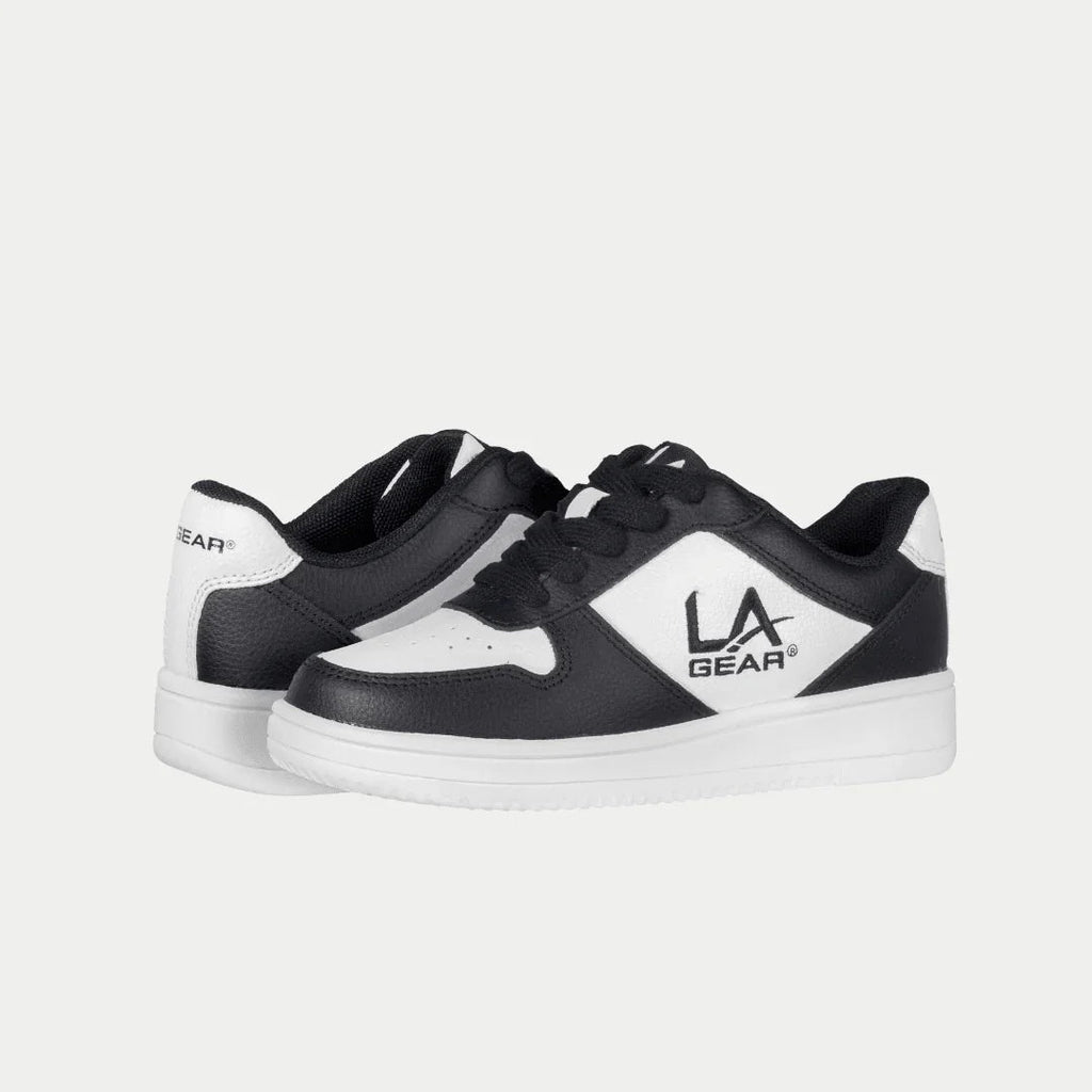 Kids' black and white low-top sneakers, side view with LA Gear emblem