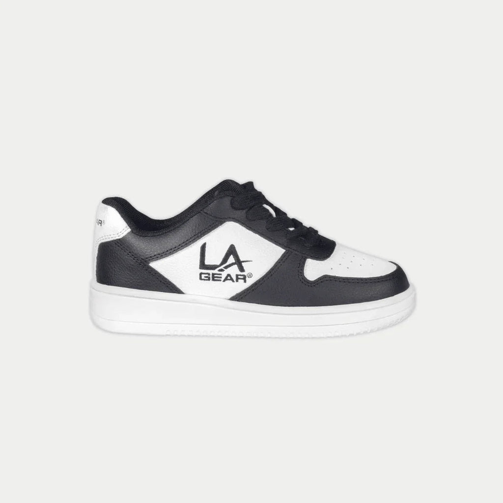 Kids' black and white low-top sneakers with LA Gear logo on the side