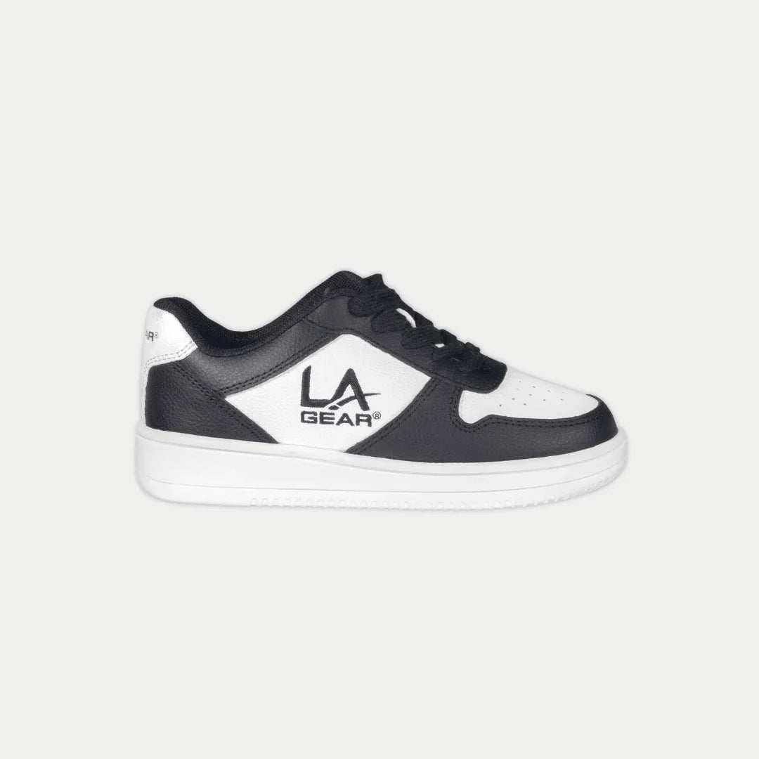 Kids' black and white low-top sneakers with LA Gear logo on the side