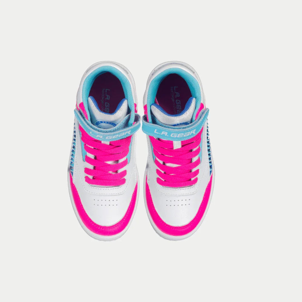 Kids' high-top sneakers, front view; white with hot pink laces and blue inner trim