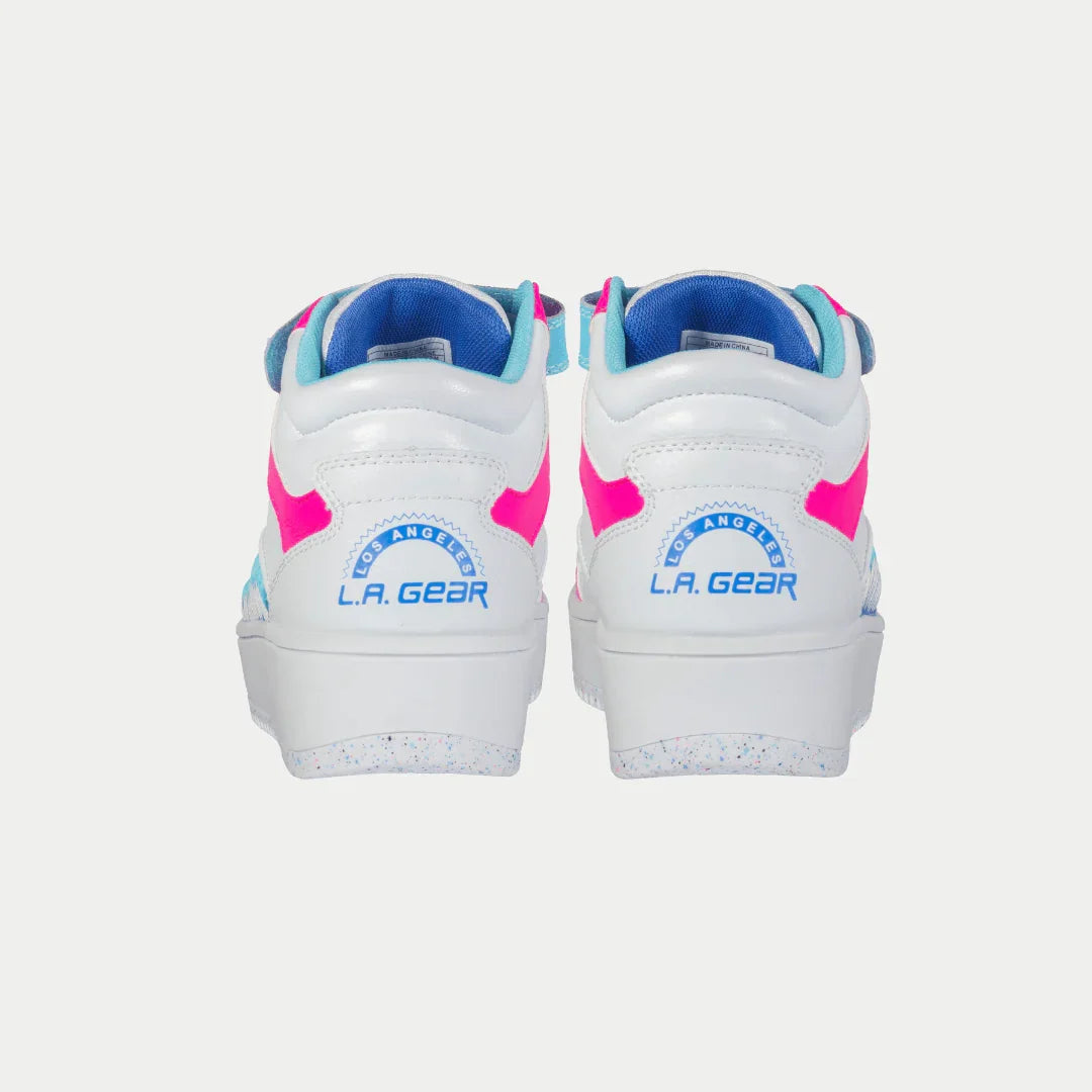 Kids' high-top sneakers, heel view; white with pink accents and blue LA Gear branding