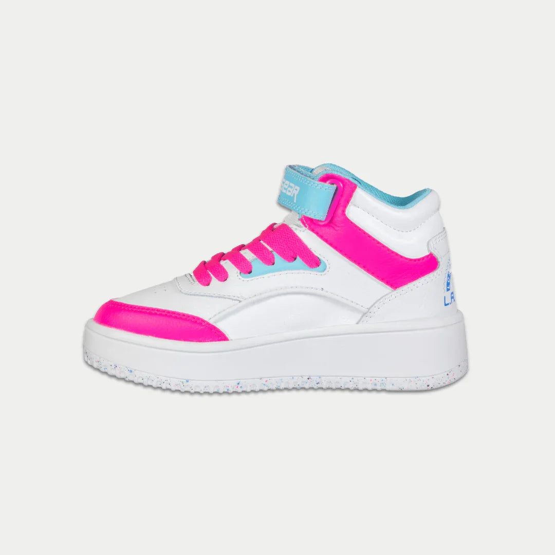 Kids' high-top sneakers, quarter view; white with pink strap and blue lining