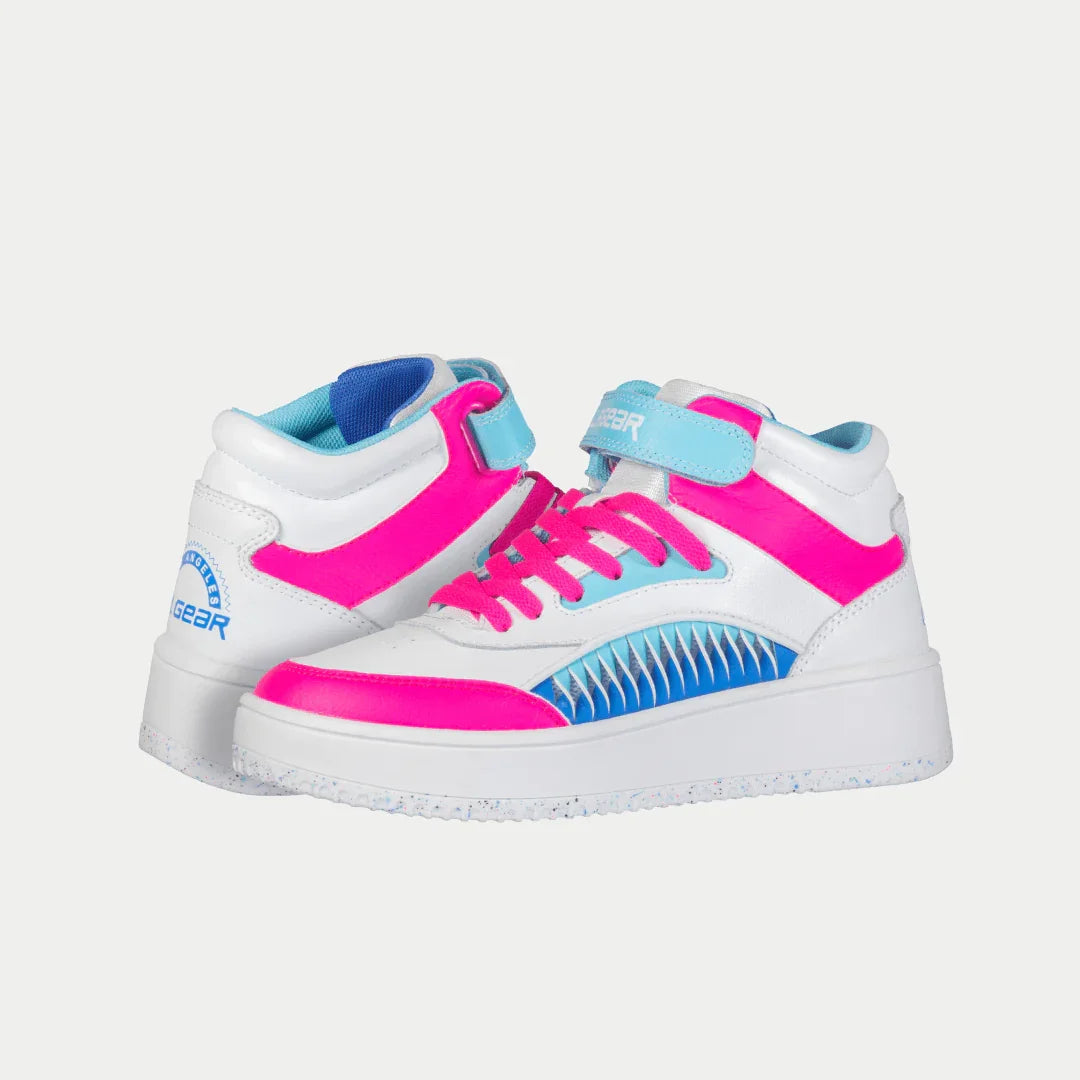 Kids' high-top sneakers, side view; white, bright pink laces, blue ridged panel