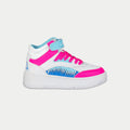 Kids' high-top sneakers, white with pink and blue flame-style accents