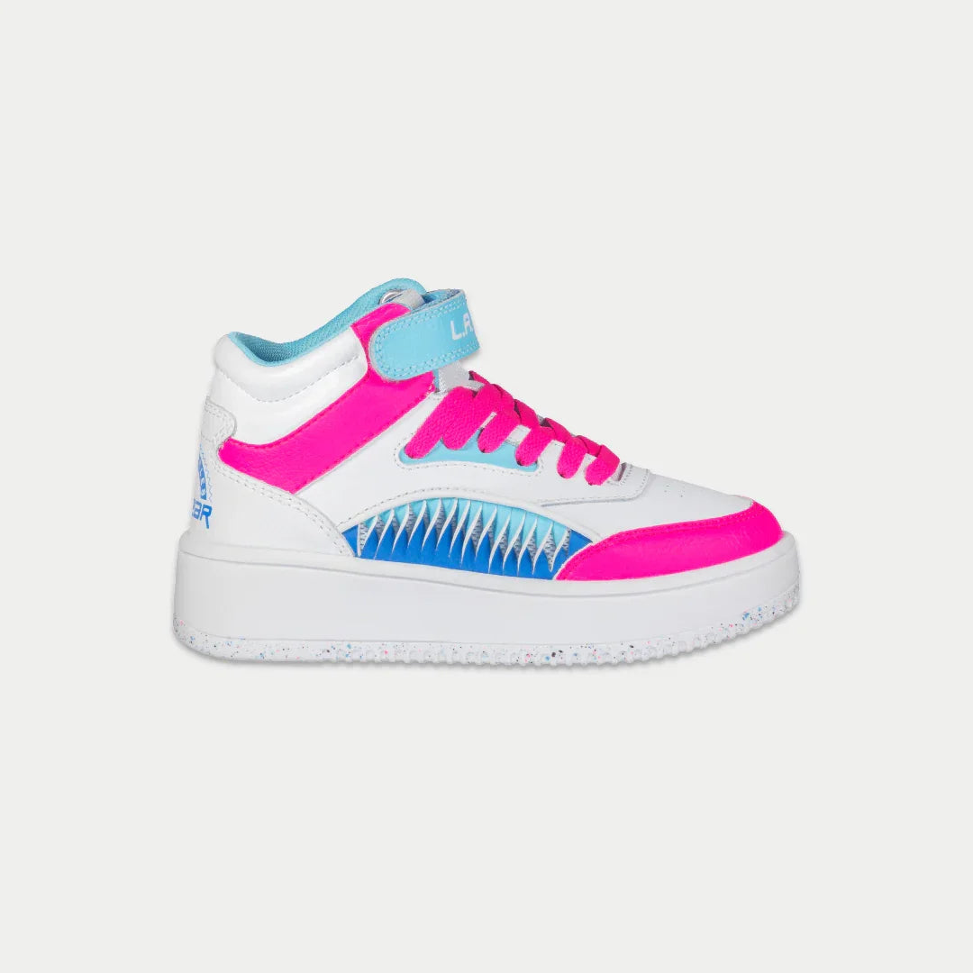 Kids' high-top sneakers, white with pink and blue flame-style accents