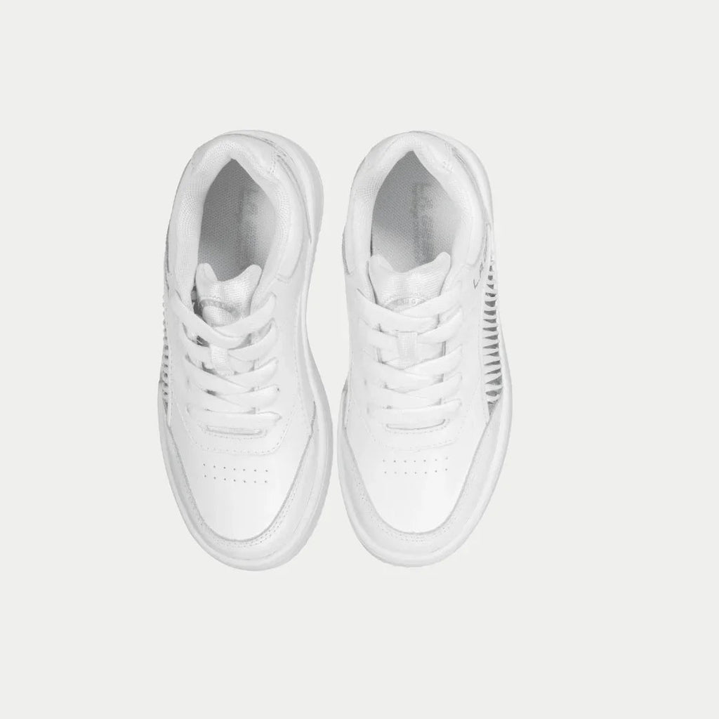 Kids white lace-up sneakers with open toe and padded interior