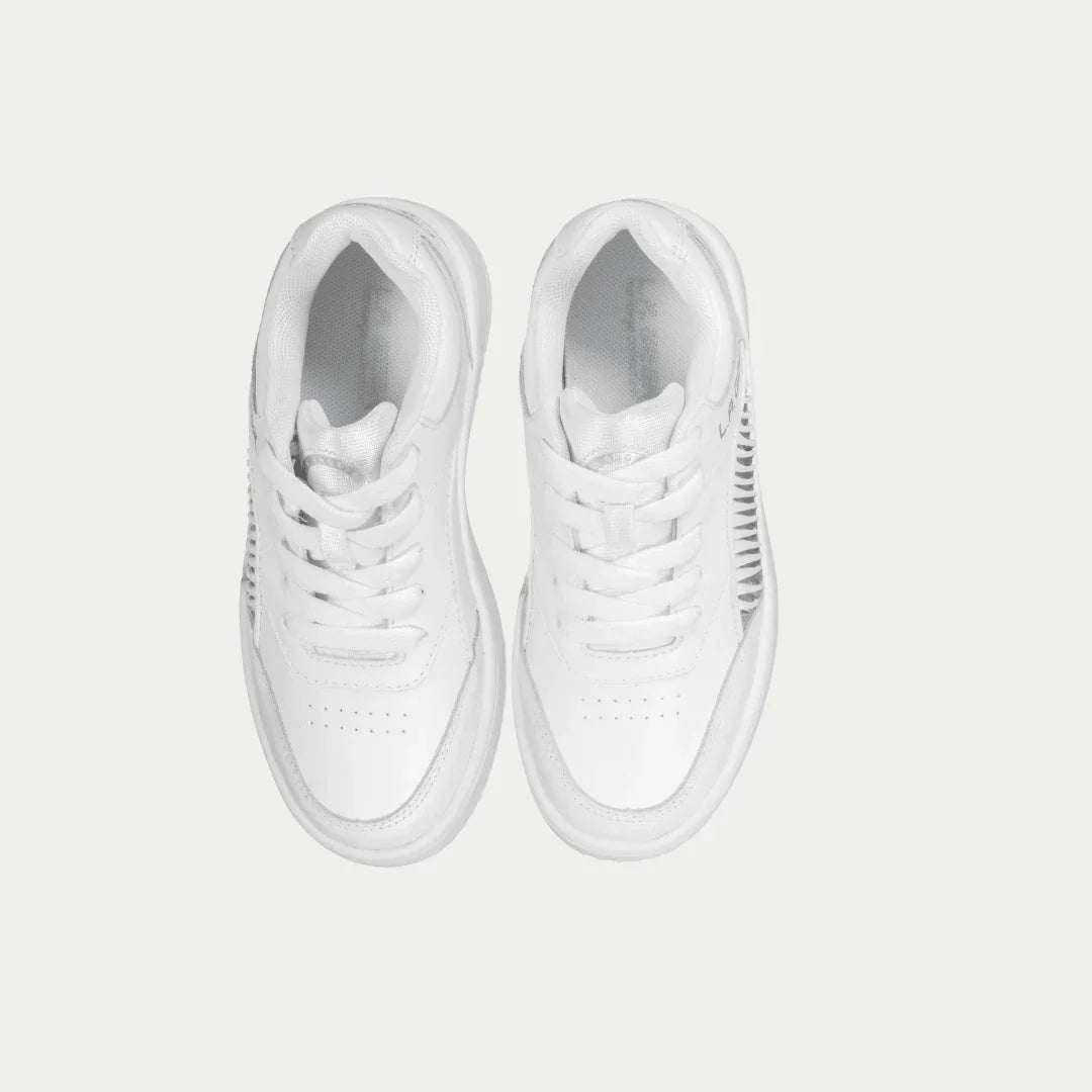 Kids white lace-up sneakers with open toe and padded interior