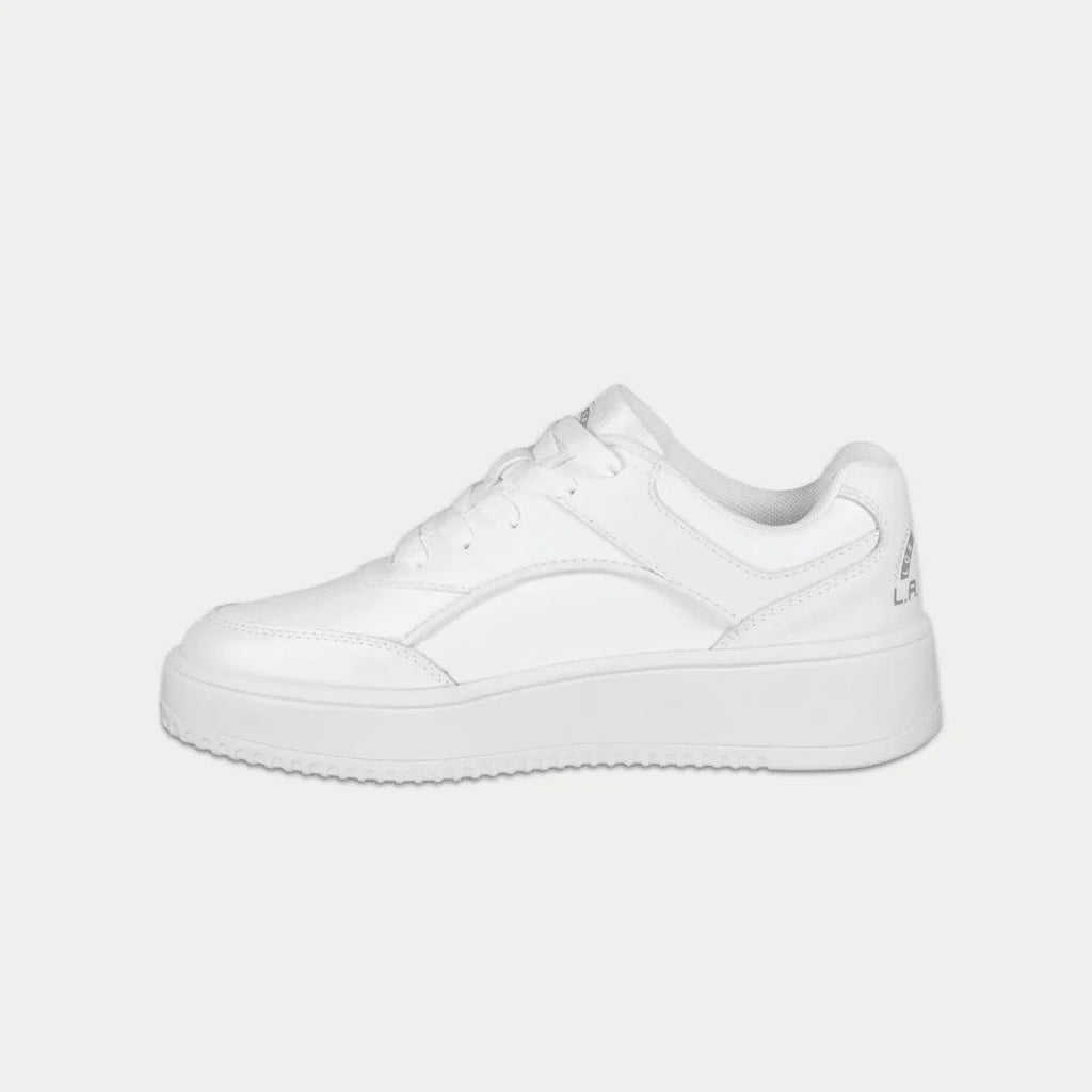 Kids white lowtop sneakers with lace-up front and side logo