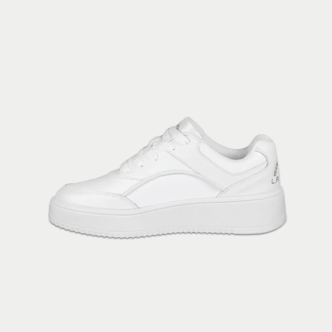Kids white lowtop sneakers with lace-up front and side logo