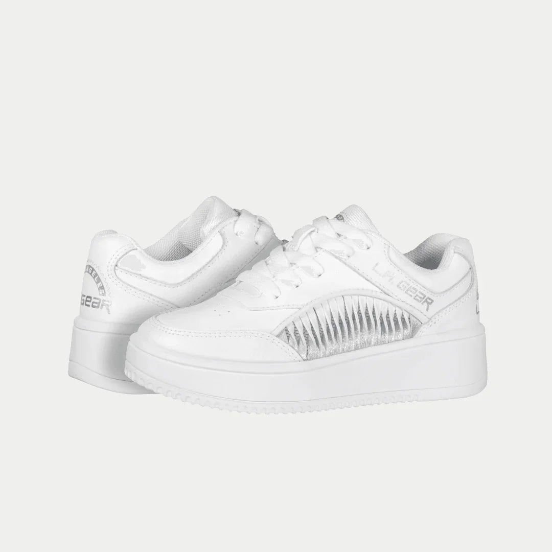 Kids white lowtop sneakers with silver flame-pattern side panel