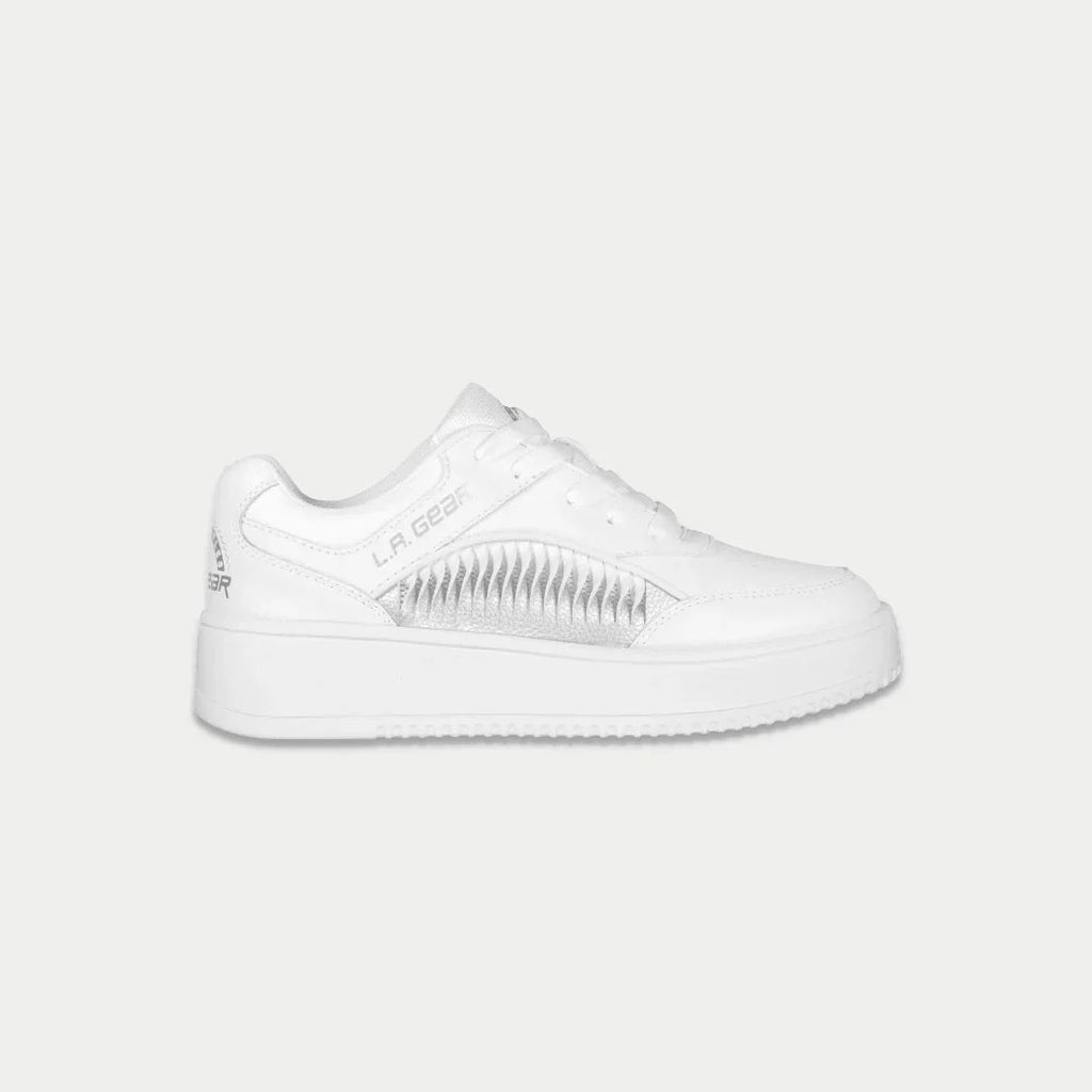 Kids white flame lowtop sneakers with silver stripe detail