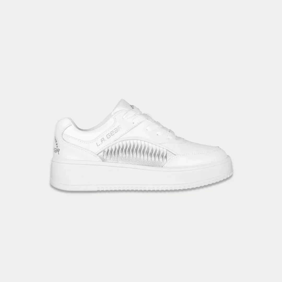 Kids white flame lowtop sneakers with silver stripe detail