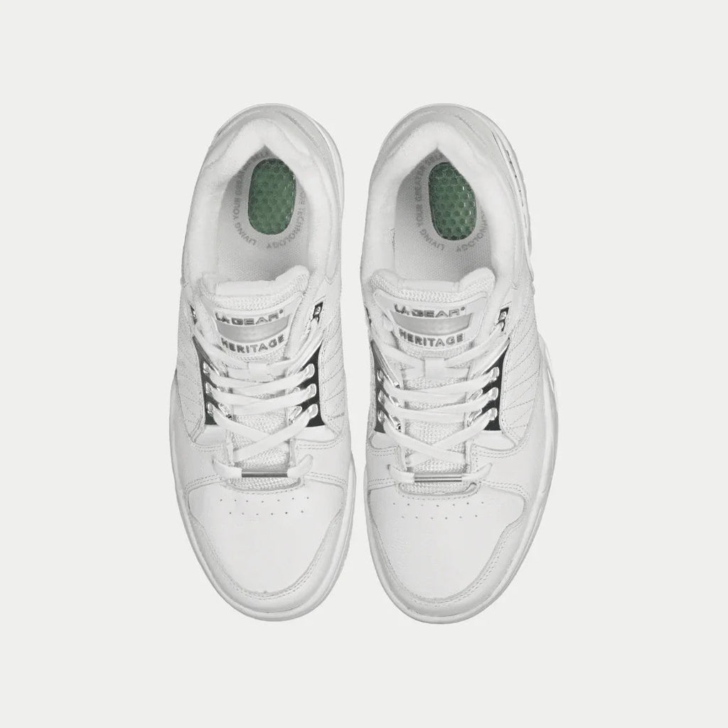 LA Gear men’s boardwalk lowtop sneaker in white, pair view from inside with green liner