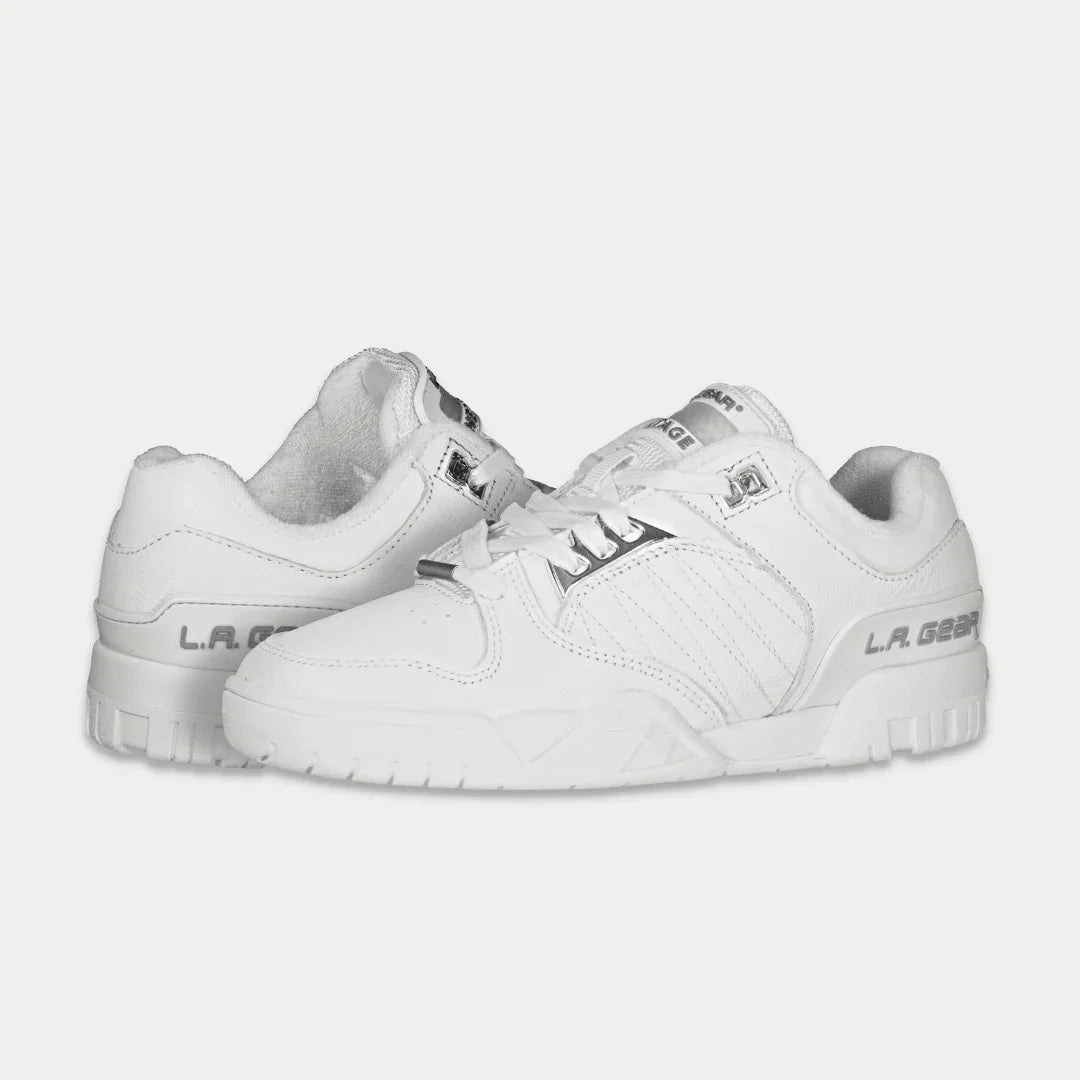 LA Gear men’s boardwalk lowtop sneaker in white, side-by-side angle with lace-up