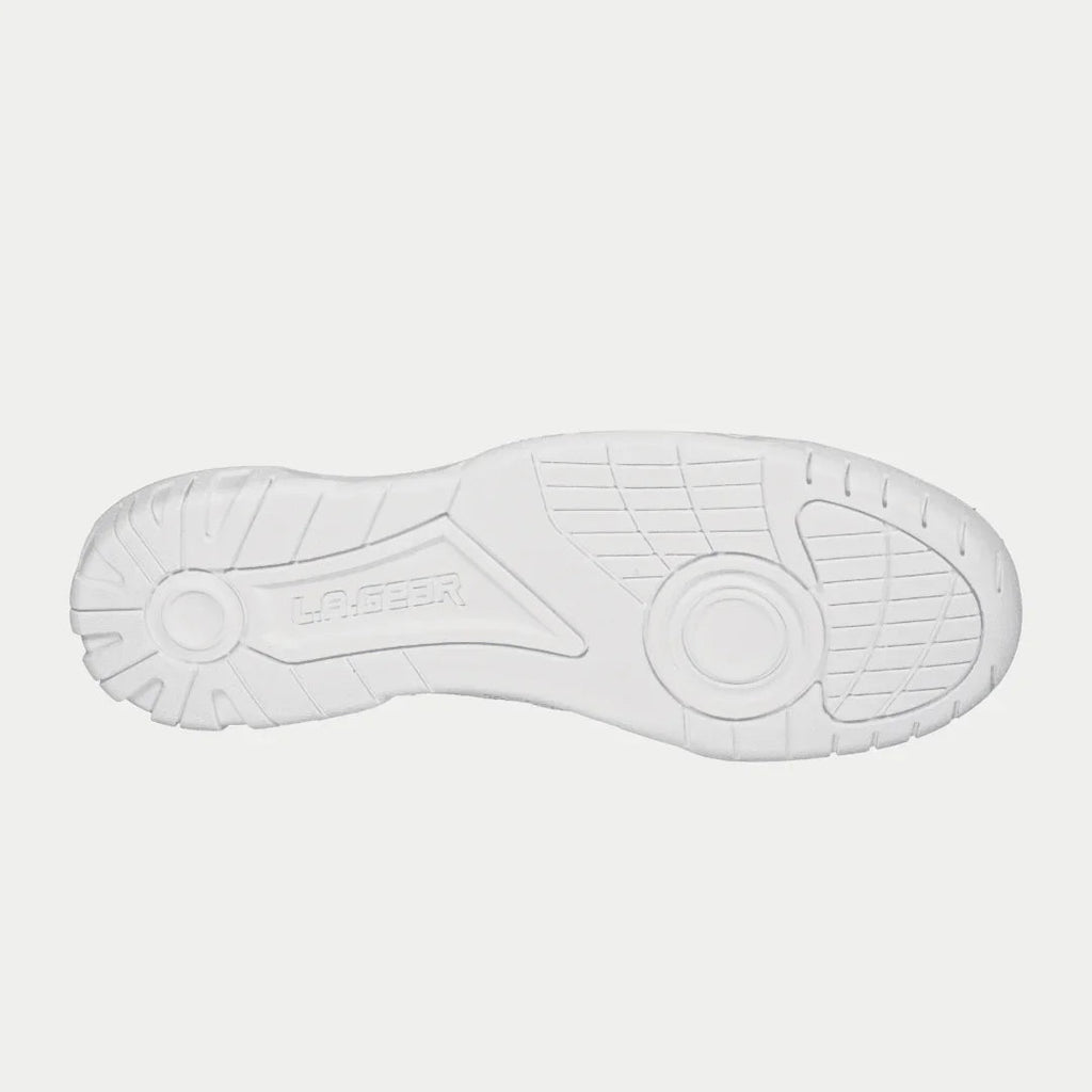 LA Gear men’s boardwalk lowtop sneaker in white, outsole view with traction tread