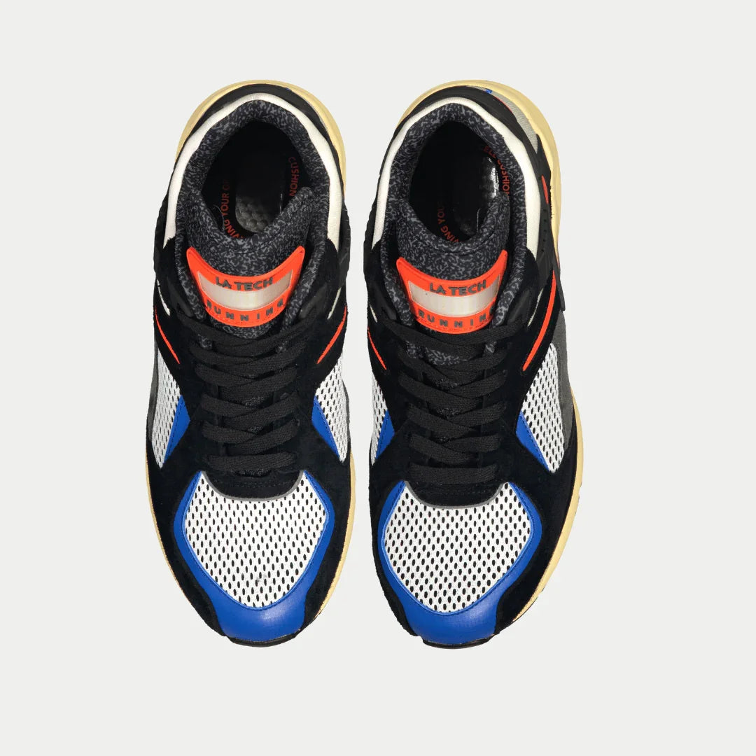 Pair of men's light-up lowtop sneakers, black uppers with blue toe panels and orange lining