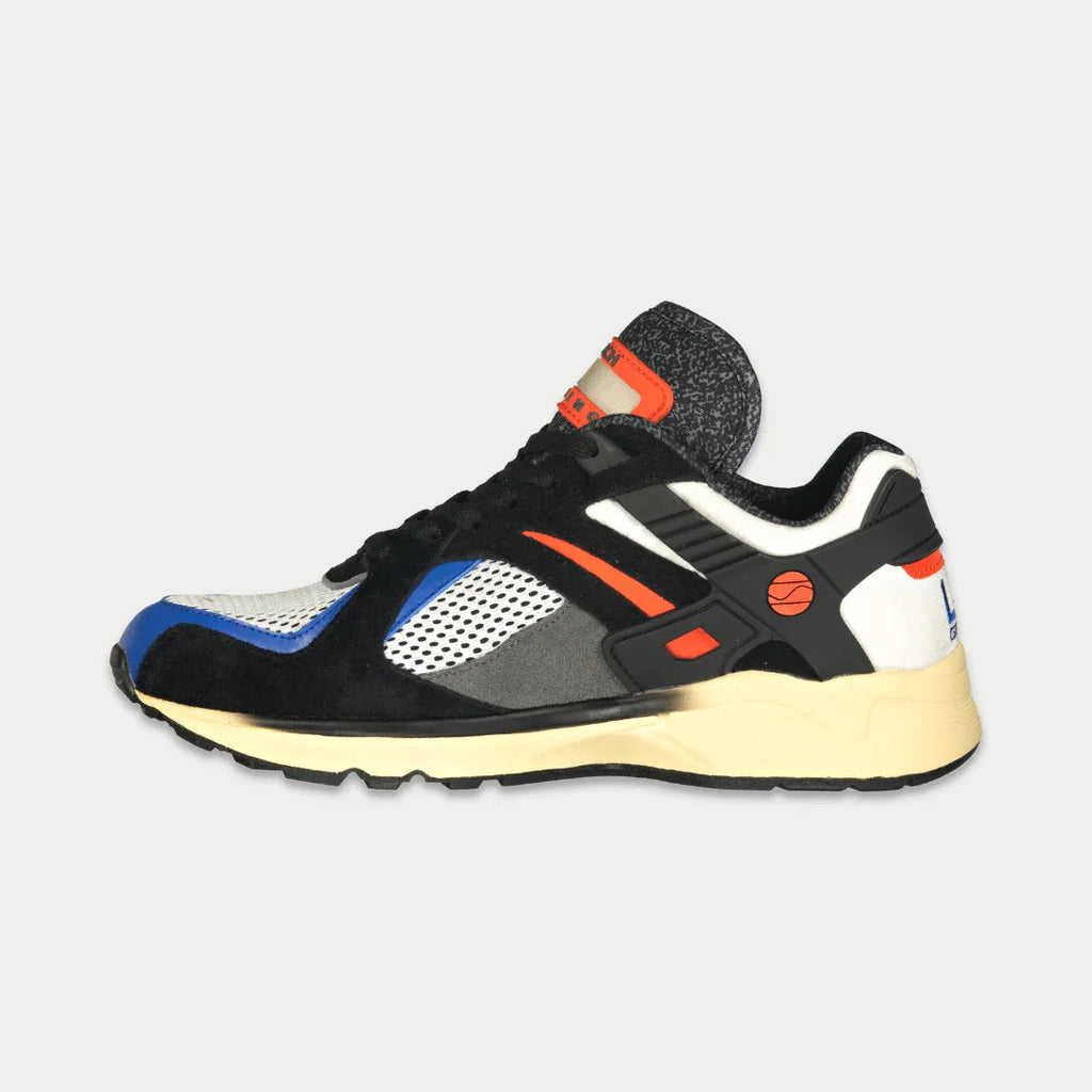 Men's light-up lowtop sneaker, black upper with orange strap detail, blue/white side panels, cream sole