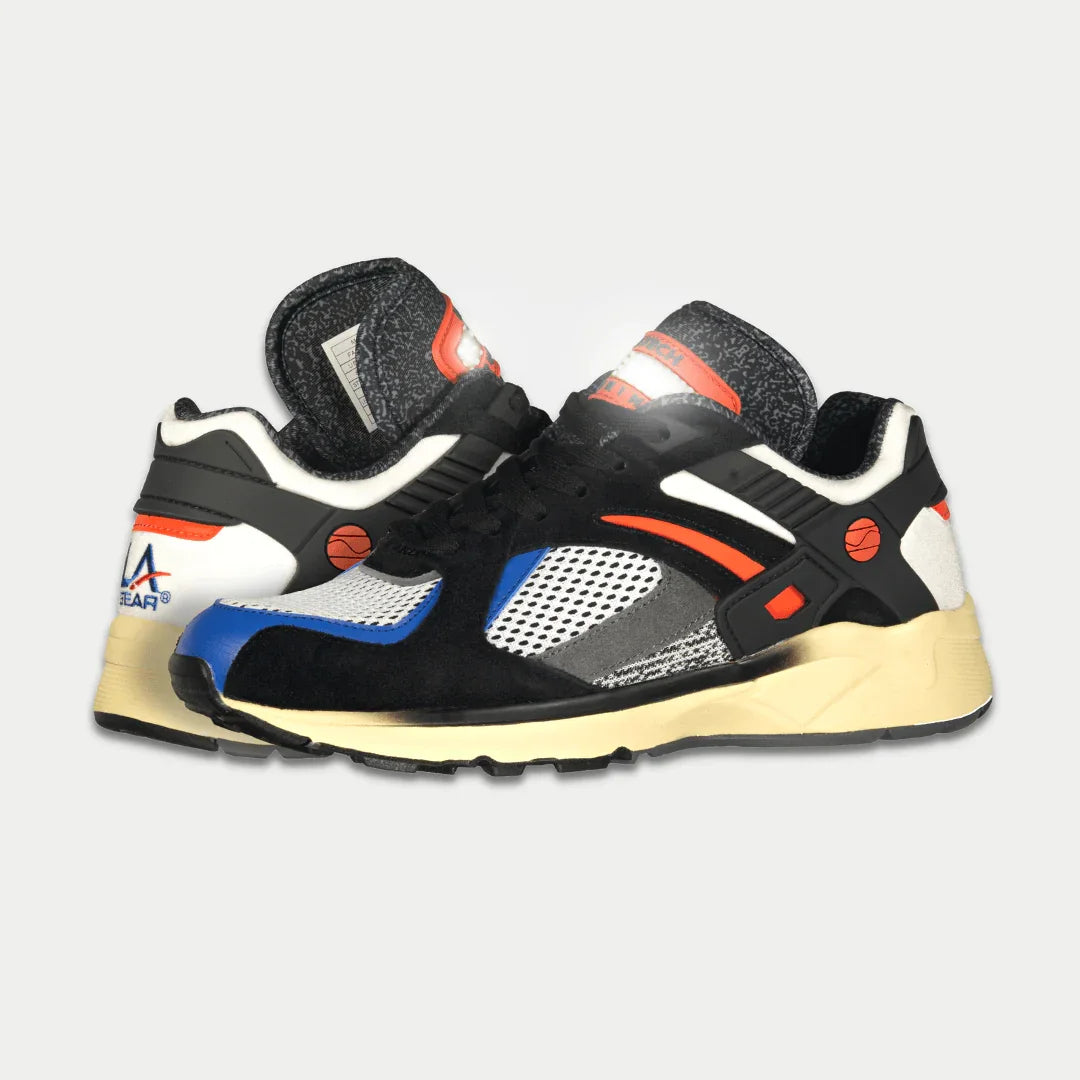 Men's light-up lowtop sneakers, black with orange trim, blue/white mesh inserts, cream outsole