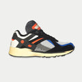 Men's light-up lowtop sneakers in black with orange accents, blue and white panels, cream sole