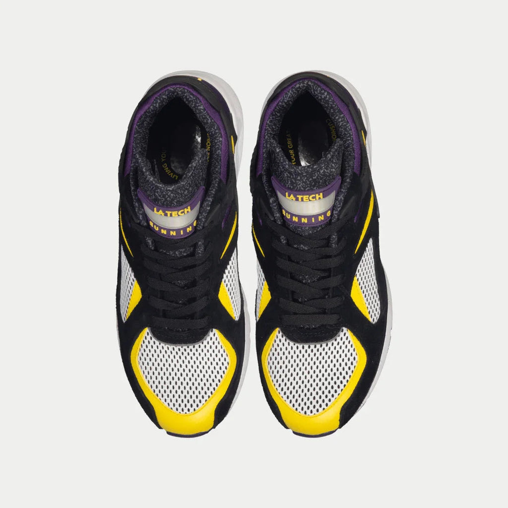 Pair of men's lowtop sneakers in black with purple collars, yellow and white toe panels