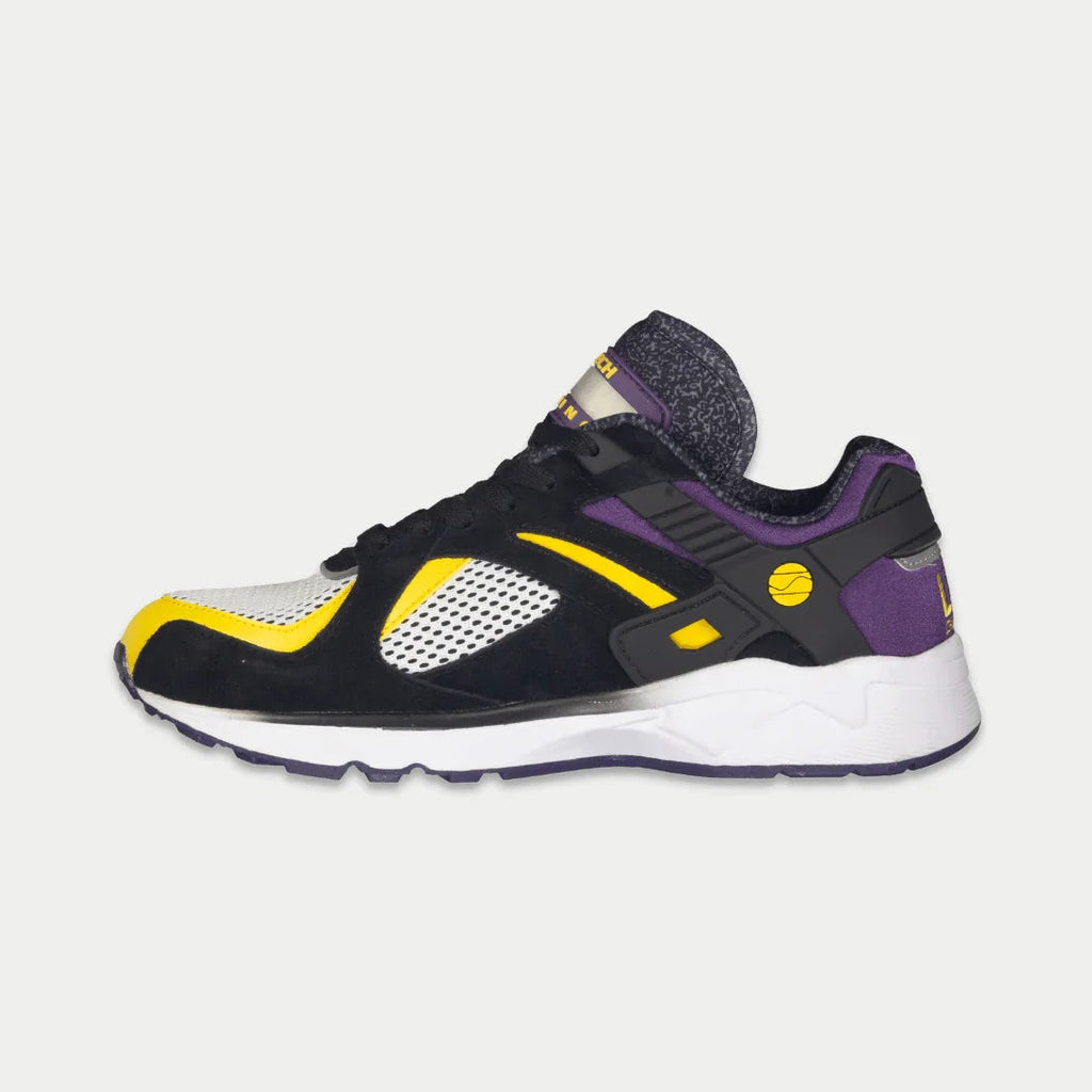 Men's light-up lowtop sneaker, black with purple heel and yellow side panels, white sole