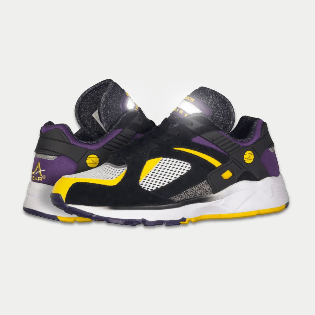 Men's light-up lowtop sneaker, black with purple ankle straps and yellow logo accents