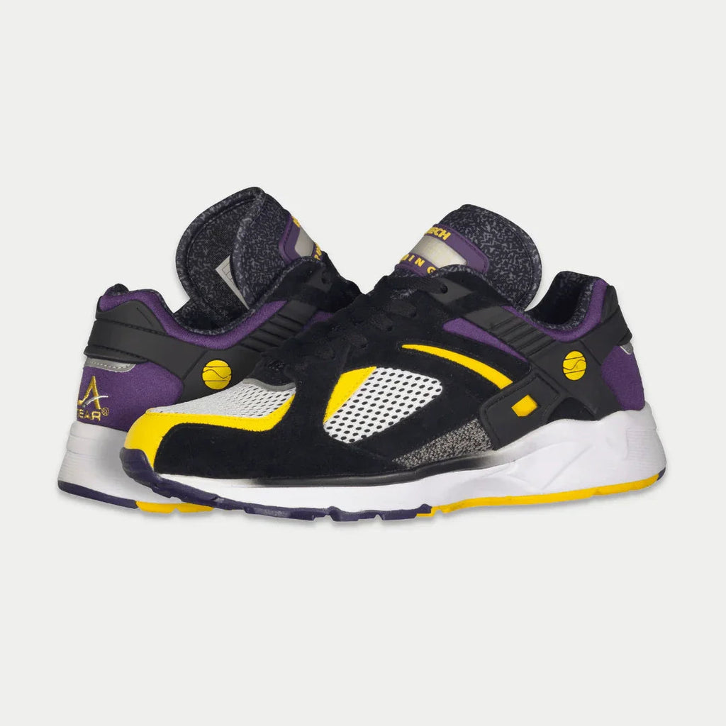 Men's light-up lowtop sneaker, black upper with purple overlays and yellow side details